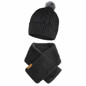 ActionHeat black cable knit beanie with pom pom and matching scarf