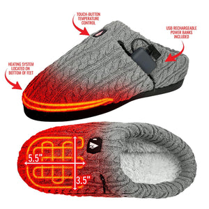 ActionHeat grey cable knit heated slipper with USB power bank and heating element diagram