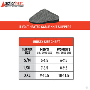 ActionHeat 5 volt heated cable knit slippers unisex size chart