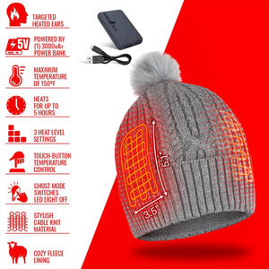 ActionHeat grey cable knit beanie with pom pom and heating element diagram
