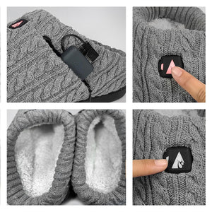 ActionHeat grey cable knit heated slippers showing battery compartment and power button