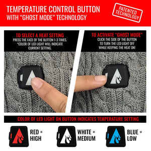 ActionHeat temperature control button instructions showing how to select heat settings and activate ghost mode