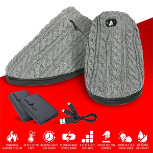 ActionHeat grey cable knit slippers with rechargeable power bank and charging cable