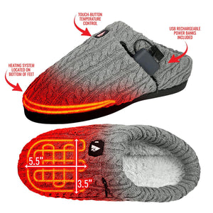 ActionHeat grey cable knit heated slipper with USB power bank and heating element dimensions