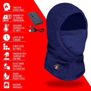 ActionHeat navy blue heated balaclava with power bank and feature list