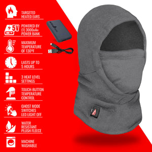 ActionHeat grey fleece balaclava with power bank and feature list