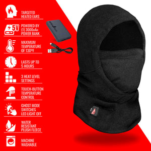 ActionHeat black heated balaclava with power bank and feature list