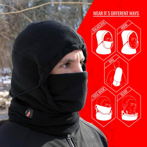 ActionHeat black fleece headgear showing five wearing styles including balaclava hood bag face mask and scarf