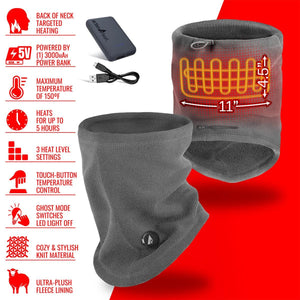 ActionHeat heated neck gaiter with power bank and feature list showing heating area dimensions and technical specs