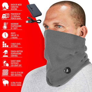 ActionHeat heated neck gaiter with power bank and feature list icons