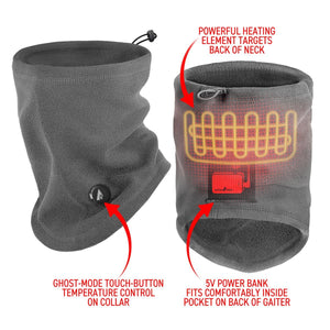 ActionHeat grey fleece neck gaiter showing heating element location power button and battery pocket