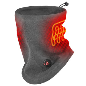 ActionHeat grey heated neck gaiter with red heating element graphic and power button