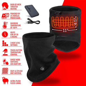 ActionHeat black heated neck gaiter with power bank and feature list including heat settings and fleece lining