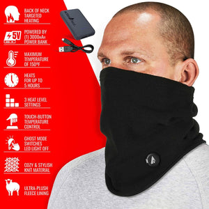 ActionHeat black heated neck gaiter with power bank and feature list