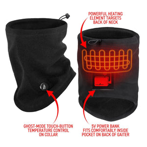 ActionHeat black fleece neck gaiter showing heating element location power bank pocket and temperature control button