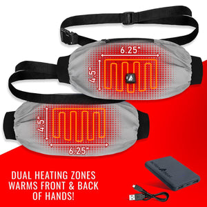 ActionHeat hand warmer with dual heating zones measuring 6.25 inches by 4.5 inches with battery and charging cable