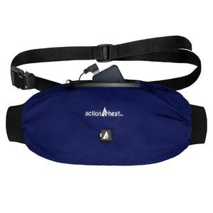 ActionHeat blue heated hand warmer muff with adjustable waist strap and battery pack