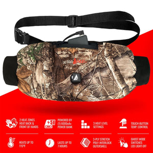 ActionHeat camouflage heated hand muff with power bank and feature icons