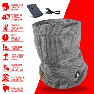 ActionHeat grey knit neck warmer with power bank and feature list