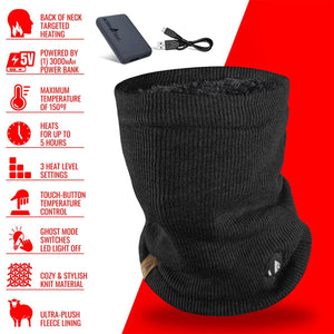 ActionHeat black heated neck gaiter with power bank and feature list