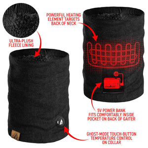 ActionHeat heated neck gaiter with fleece lining, heating element, power bank pocket, and touch button control