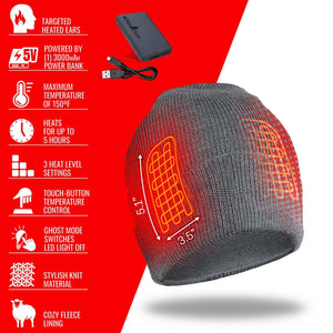 ActionHeat grey knit beanie with fleece lining and integrated heating elements for ears