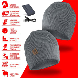 ActionHeat grey knit beanie with fleece lining and power bank features