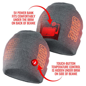 ActionHeat grey beanie showing power bank placement and touch button temperature control location