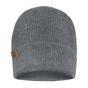 Grey ribbed knit ActionHeat beanie with a brown leather logo patch