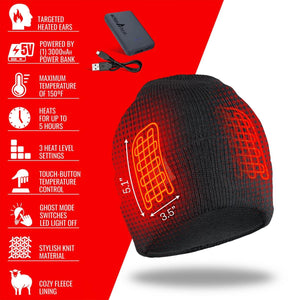ActionHeat black knit beanie with fleece lining and integrated heating elements for ears