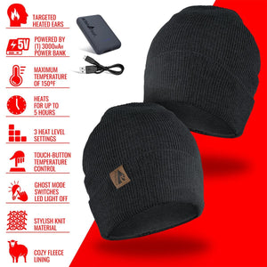 ActionHeat black knit beanie with power bank and feature list