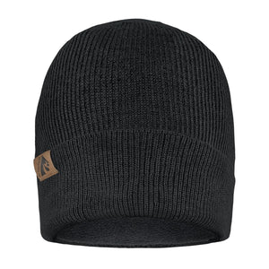 Black ActionHeat ribbed knit beanie with a tan leather logo patch