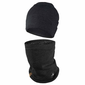 Black ribbed knit beanie and matching neck warmer set with fleece lining