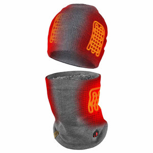Grey knit beanie and neck warmer set with orange heating element graphics