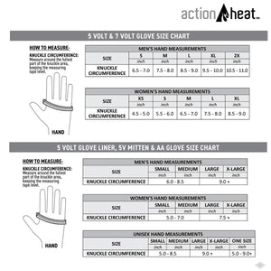 ActionHeat glove size charts for 5 volt and 7 volt models showing knuckle circumference measurements for men and women