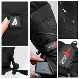 ActionHeat heated gloves showing power button battery compartment water resistant fabric and branding details