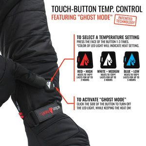 ActionHeat glove touch button temperature control guide showing LED color settings and ghost mode activation