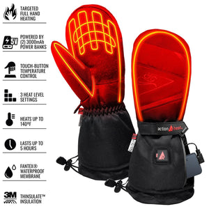 ActionHeat heated mittens with feature list including 3 heat settings and 5 hour battery life