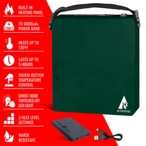 ActionHeat green heated seat cushion with power bank and charging cable and feature list