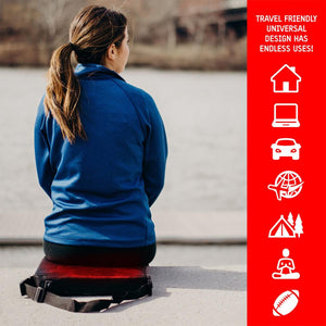 Person sitting on an ActionHeat heated seat cushion with icons for home office car travel camping and sports