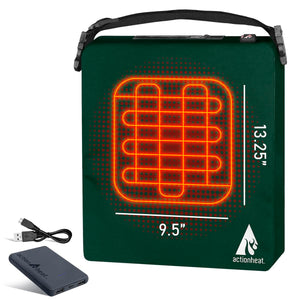 ActionHeat green heated seat cushion with dimensions and battery pack
