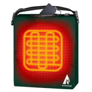 ActionHeat green heated seat cushion with battery pack and glowing orange heating element pattern