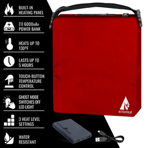 ActionHeat red heated seat cushion with power bank and feature list