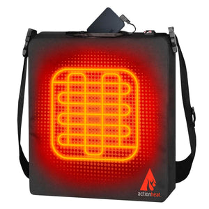 ActionHeat black heated seat cushion with battery pack and glowing orange heating element
