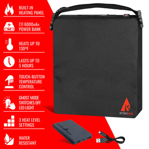 ActionHeat heated seat cushion with power bank and charging cable featuring technical specifications