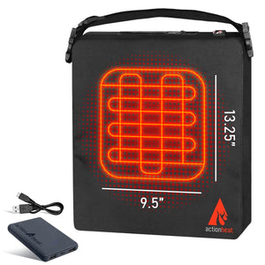 ActionHeat black heated seat cushion with dimensions and power bank
