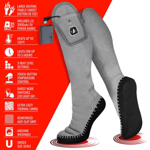 ActionHeat grey heated socks with power banks and feature list