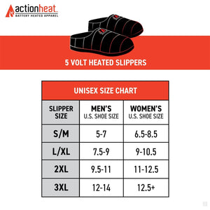 ActionHeat 5 volt heated slippers unisex size chart showing slipper sizes compared to US men and women shoe sizes