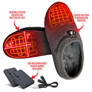 ActionHeat heated slippers with heating element diagram and USB rechargeable power banks