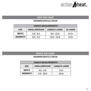 ActionHeat sock and insole size chart for men and women based on US shoe sizes